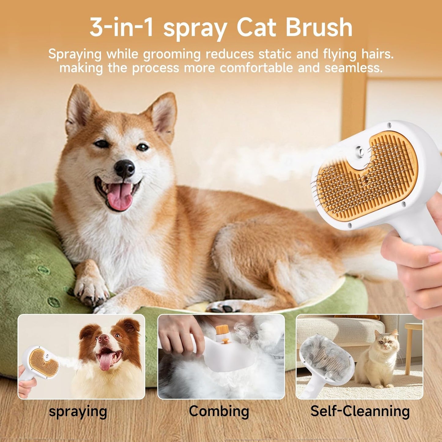 Ultimate Pet Steam Brush for Dogs & Cats - 3-in-1 Grooming Tool with Spray & Waterless Shampoo for Effortless Shedding & De-Shedding!