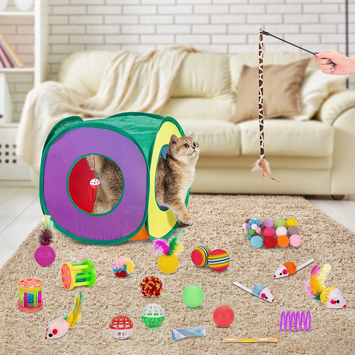 Cat Toys Pack 33Pcs, Interactive Kitten Toys for Indoor Cats Kitty with Collapsible Play Tunnel Tube Tent Feather Wand Teaser Bell Fuzzy Ball Springs Mouse Toy