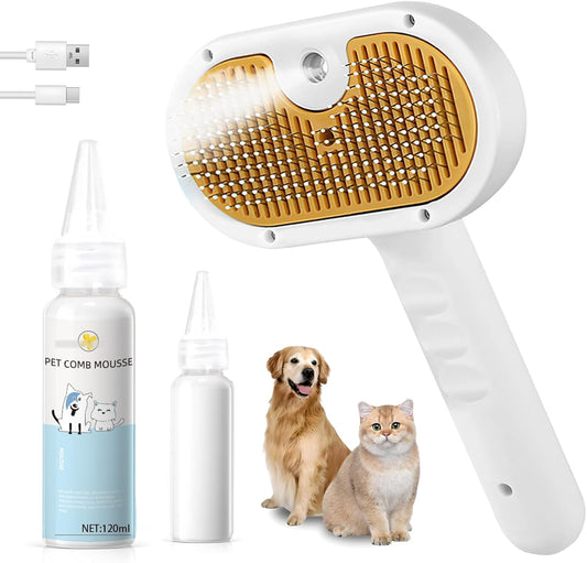 Ultimate Pet Steam Brush for Dogs & Cats - 3-in-1 Grooming Tool with Spray & Waterless Shampoo for Effortless Shedding & De-Shedding!