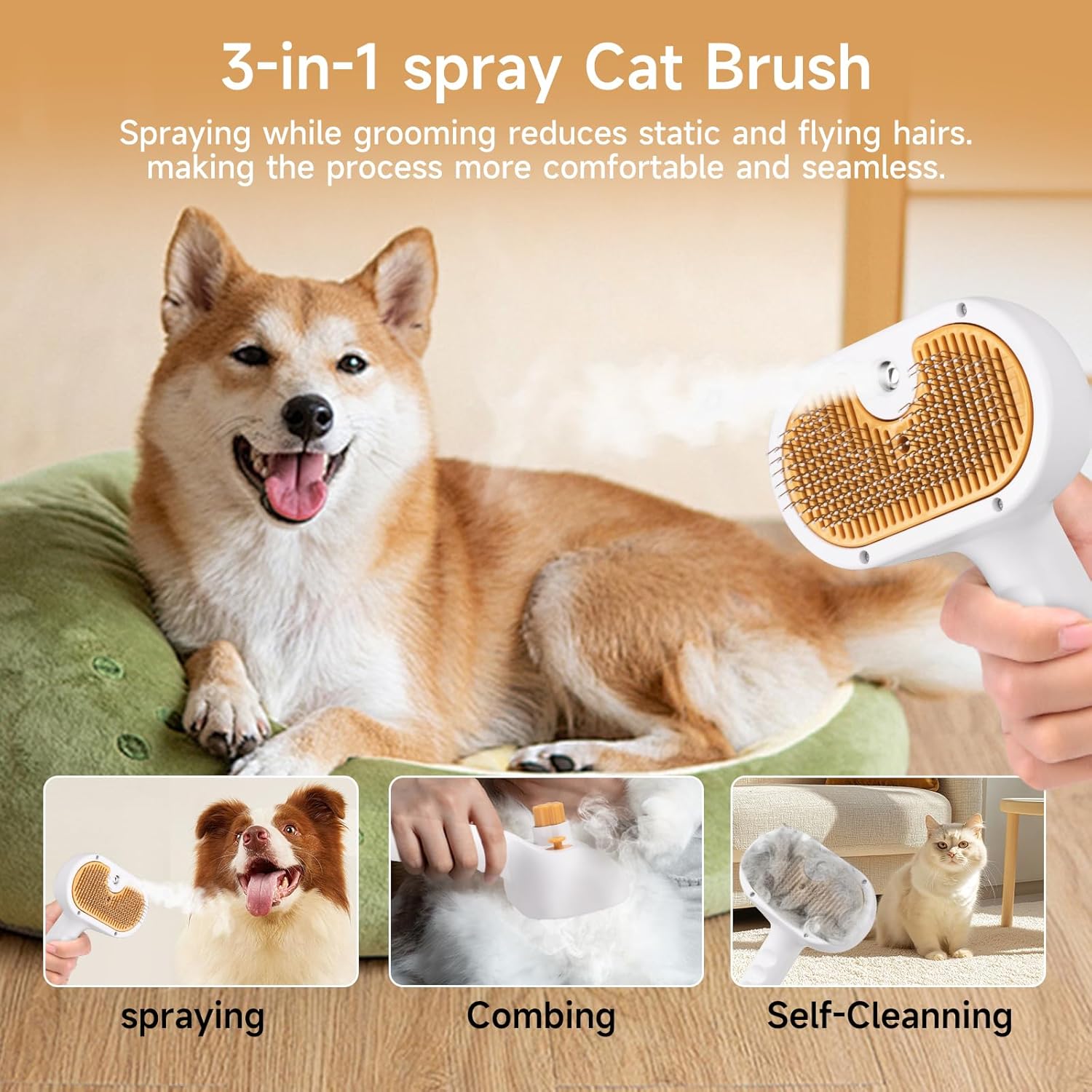 Ultimate Pet Steam Brush for Dogs & Cats - 3-in-1 Grooming Tool with Spray & Waterless Shampoo for Effortless Shedding & De-Shedding!