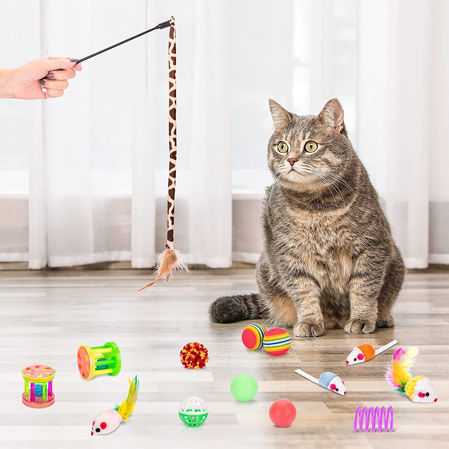 Cat Toys Pack 33Pcs, Interactive Kitten Toys for Indoor Cats Kitty with Collapsible Play Tunnel Tube Tent Feather Wand Teaser Bell Fuzzy Ball Springs Mouse Toy