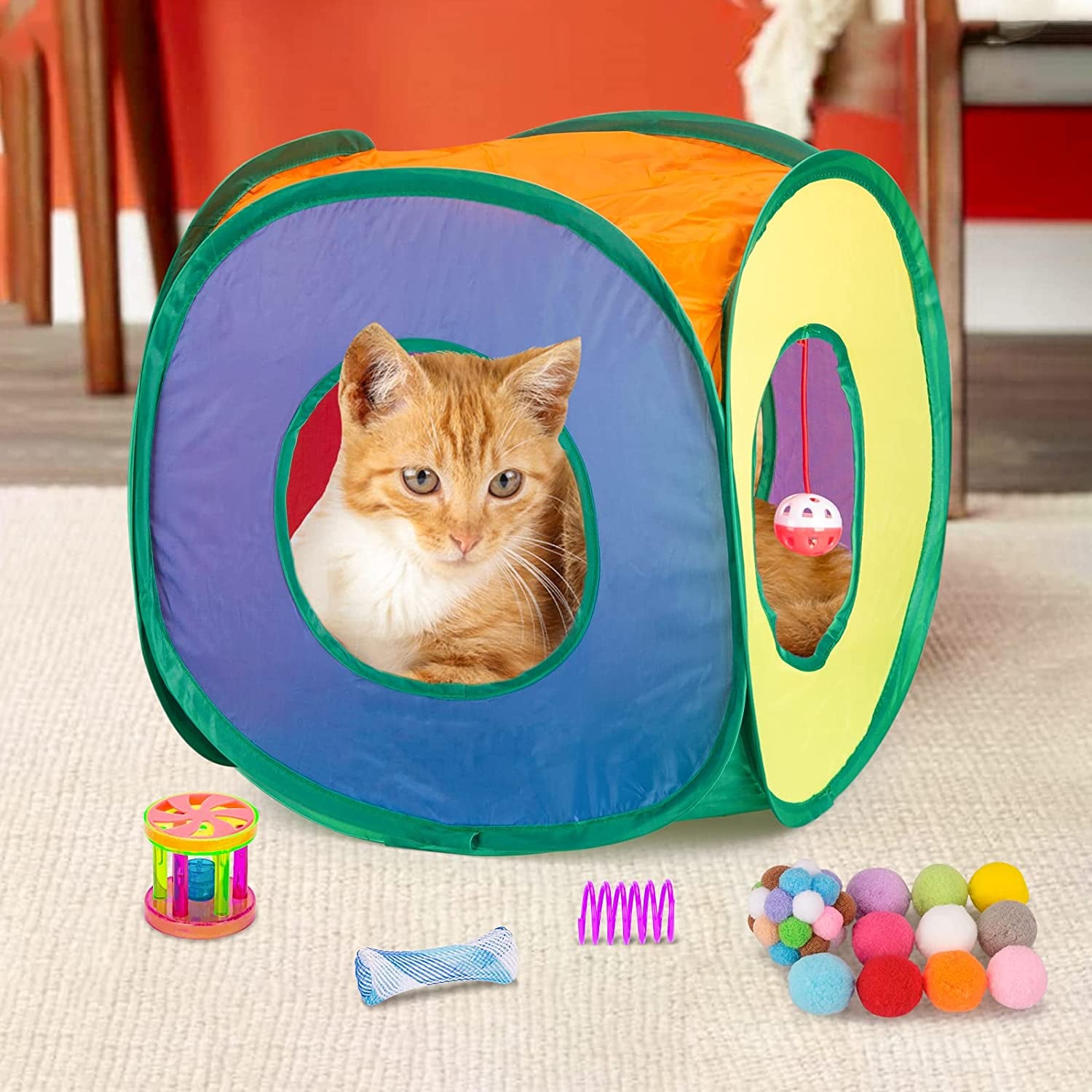 Cat Toys Pack 33Pcs, Interactive Kitten Toys for Indoor Cats Kitty with Collapsible Play Tunnel Tube Tent Feather Wand Teaser Bell Fuzzy Ball Springs Mouse Toy