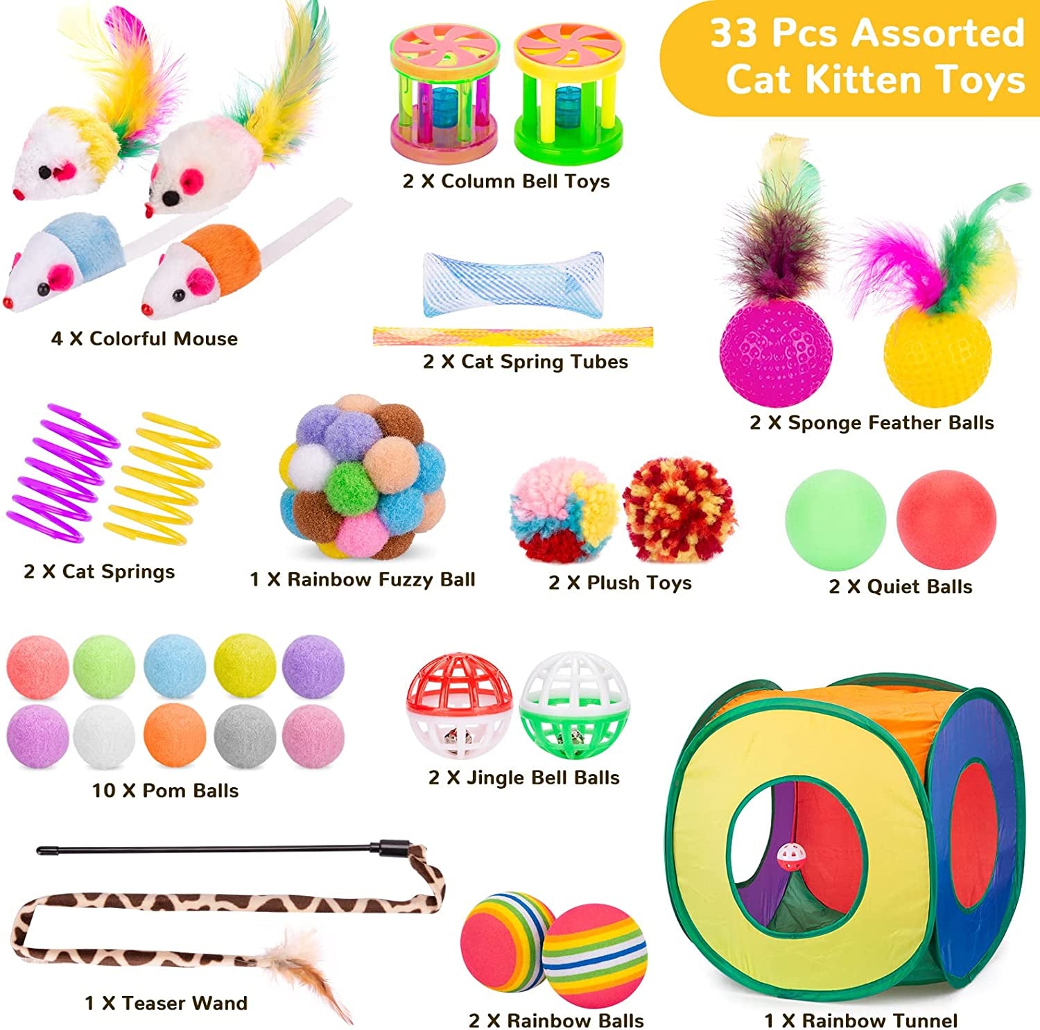 Cat Toys Pack 33Pcs, Interactive Kitten Toys for Indoor Cats Kitty with Collapsible Play Tunnel Tube Tent Feather Wand Teaser Bell Fuzzy Ball Springs Mouse Toy