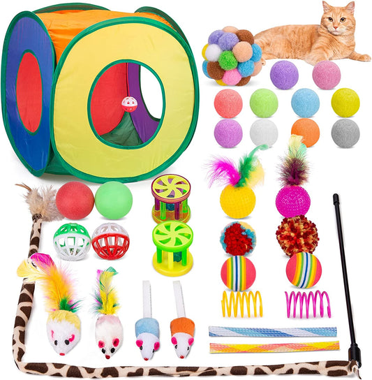 Cat Toys Pack 33Pcs, Interactive Kitten Toys for Indoor Cats Kitty with Collapsible Play Tunnel Tube Tent Feather Wand Teaser Bell Fuzzy Ball Springs Mouse Toy